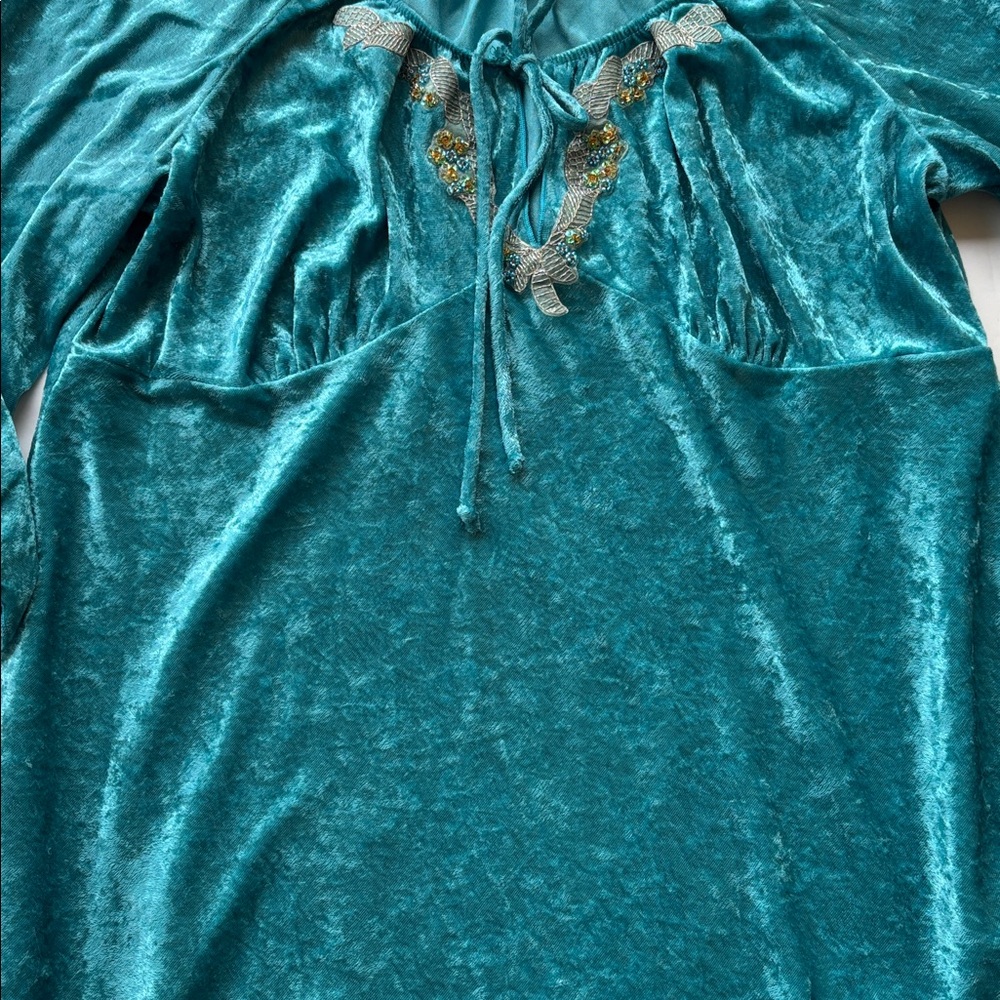 Vintage Y2K New Teal Velvet XL Fairy Peasant Blouse Top Beaded Embroidered - Picture 9 of 17